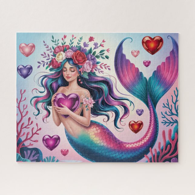 Cute Fantasy Mermaid With Hearts Jigsaw Puzzle (Horizontal)