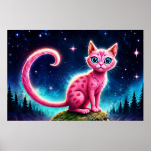 Cute fantasy pink animal in night starry valley poster
