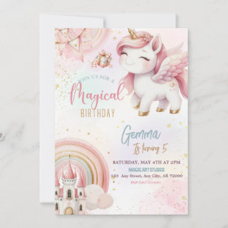 Cute Fantasy Pink Gold Unicorn Castle Birthday Invitation