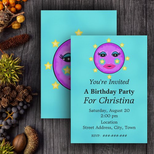 Cute Fantasy Purple Moon Face Stars Birthday Custom Announcements