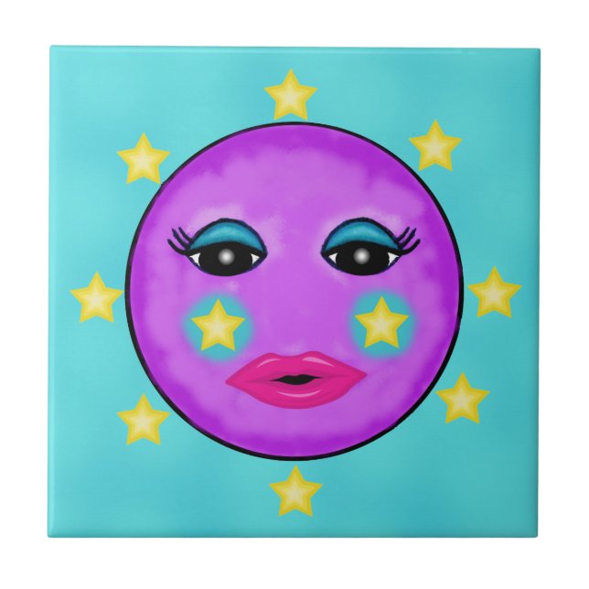 Cute Fantasy Purple Moon Face Stars Ceramic Tile (Front)