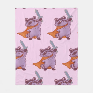 Cute Fantasy Raccoon Warrior with Sword and Cape Fleece Blanket