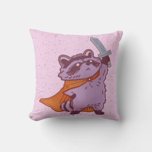 Cute Fantasy Raccoon Warrior with Sword and Cape Throw Pillow