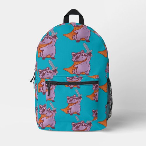 Cute Fantasy Raccoon Warrior with Sword & Cape Printed Backpack