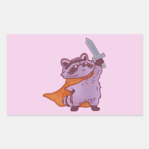 Cute Fantasy Raccoon Warrior with Sword & Cape Rectangular Sticker