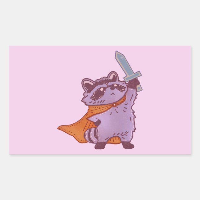 Cute Fantasy Raccoon Warrior with Sword & Cape Rectangular Sticker (Front)