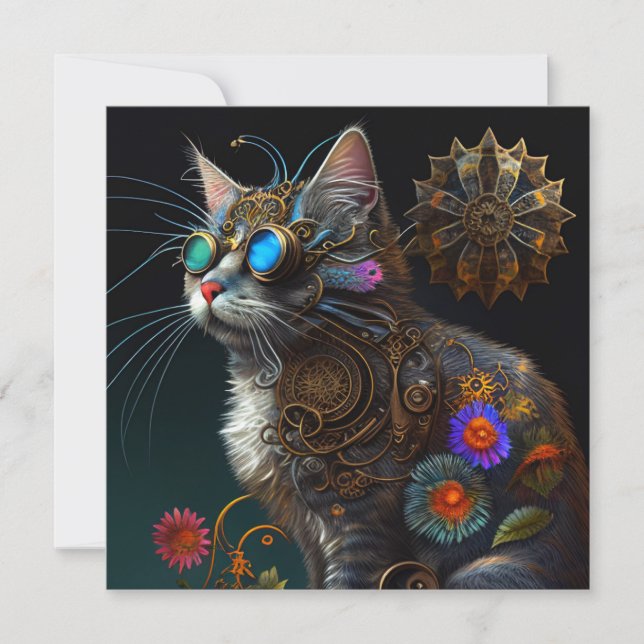Cute fantasy steampunk cat and flowers AI art (Front)