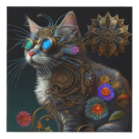 Cute fantasy steampunk cat and flowers AI art Faux Canvas Print