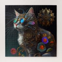 Cute fantasy steampunk cat and flowers AI art Jigsaw Puzzle