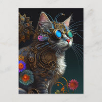 Cute fantasy steampunk cat and flowers AI art Postcard