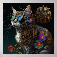 Cute fantasy steampunk cat and flowers AI art Poster
