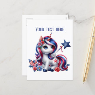Cute fantasy unicorn add message July 4th Holiday Postcard