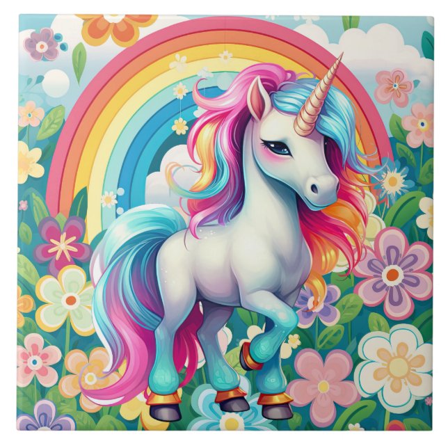 cute fantasy unicorn girls ceramic tile (Front)