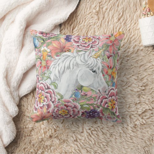 Cute Fantasy Unicorn Pink Tropical Magical Girly Throw Pillow