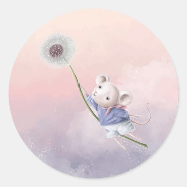  Cute Fantasy Watercolor Mouse Dandelion Flying   Classic Round Sticker (Front)