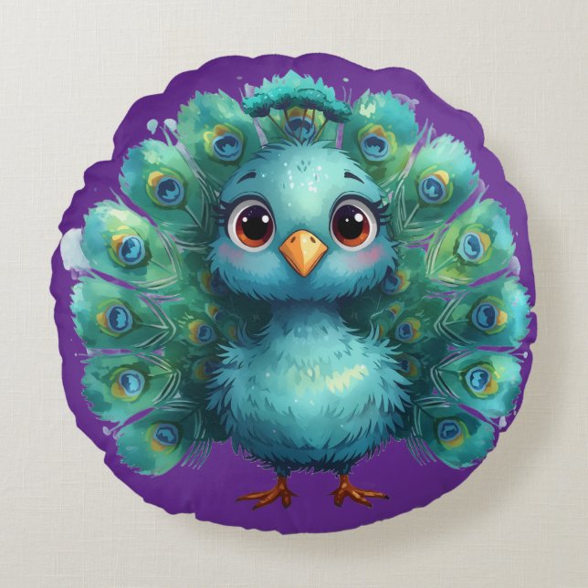 Cute Fantasy whimsical Blue Peacock Round Pillow (Front)