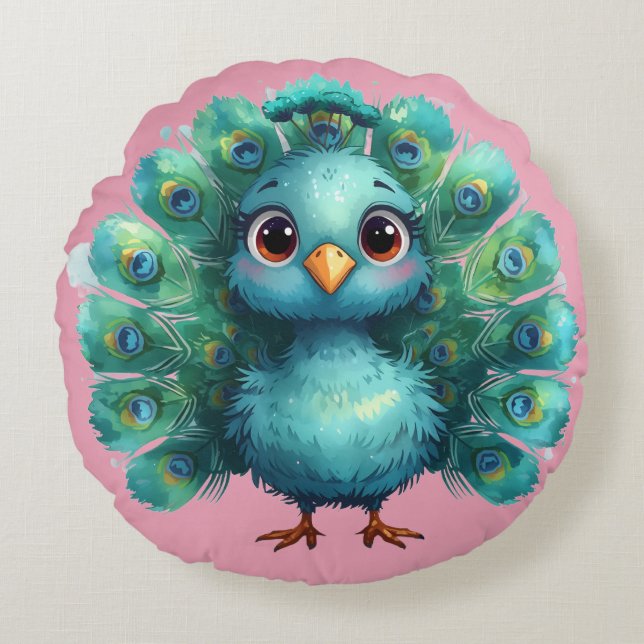 Cute Fantasy whimsical Blue Peacock Round Pillow (Front)