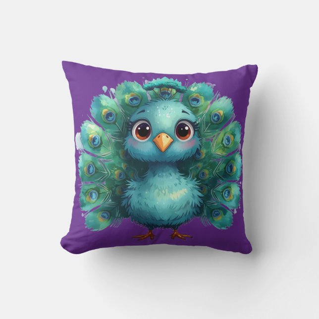 Cute Fantasy whimsical Blue Peacock Throw Pillow (Front)