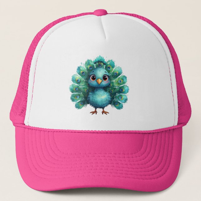 Cute Fantasy whimsical Blue Peacock Trucker Hat (Front)