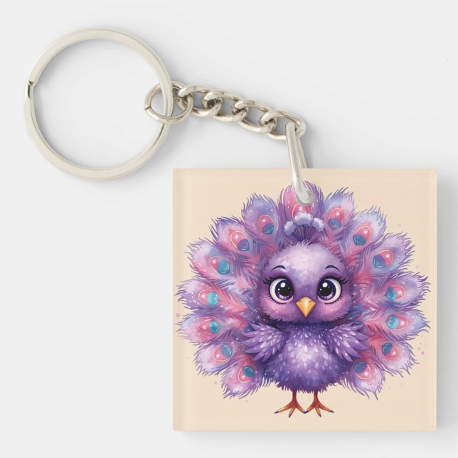 Cute Fantasy whimsical Lilac Peacock  Keychain (Front)