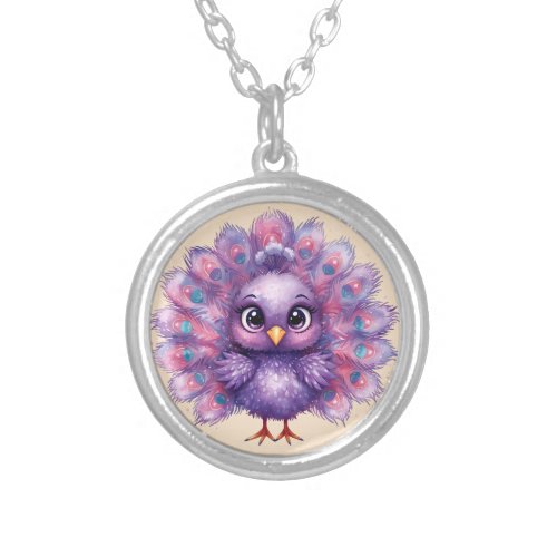 Cute Fantasy whimsical Lilac Peacock Silver Plated Necklace