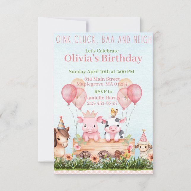 Cute farm animal barnyard birthday invitation (Front)