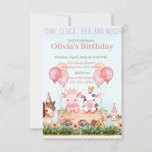 Cute farm animal barnyard birthday invitation