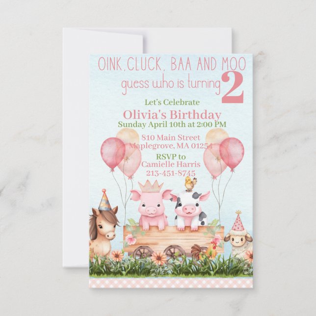 Cute farm animal barnyard birthday invitation (Front)