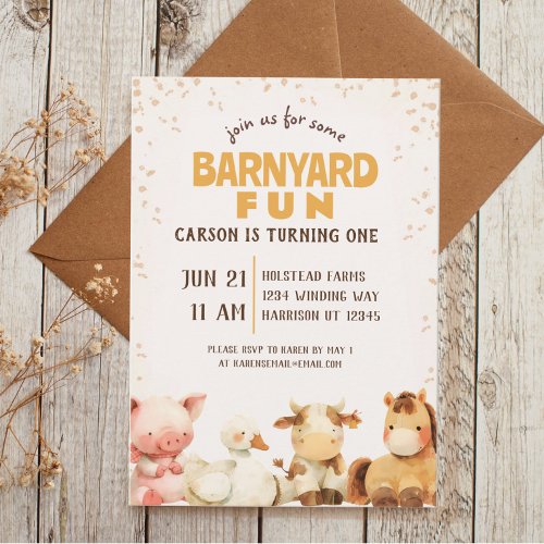 Cute Farm Animal Barnyard First Birthday Invitation