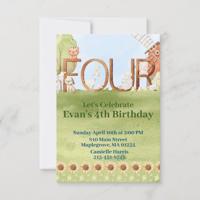 Cute farm animal barnyard fourth birthday invitation (Front)