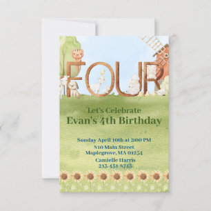 Cute farm animal barnyard fourth birthday invitation