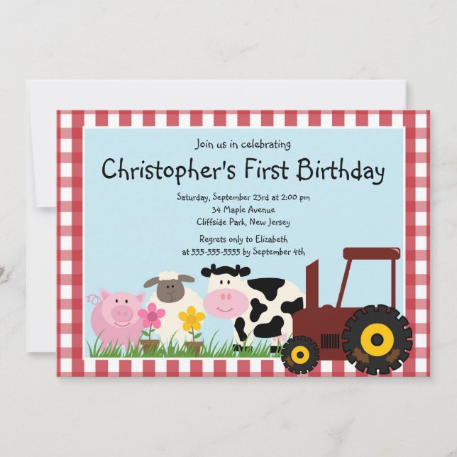Cute Farm Animal Birthday Party Invitations (Front)