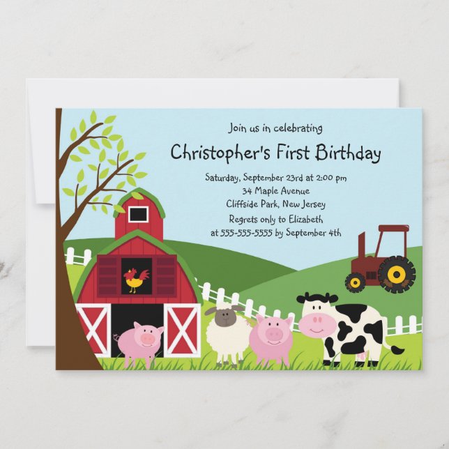 Cute Farm Animal Birthday Party Invitations (Front)