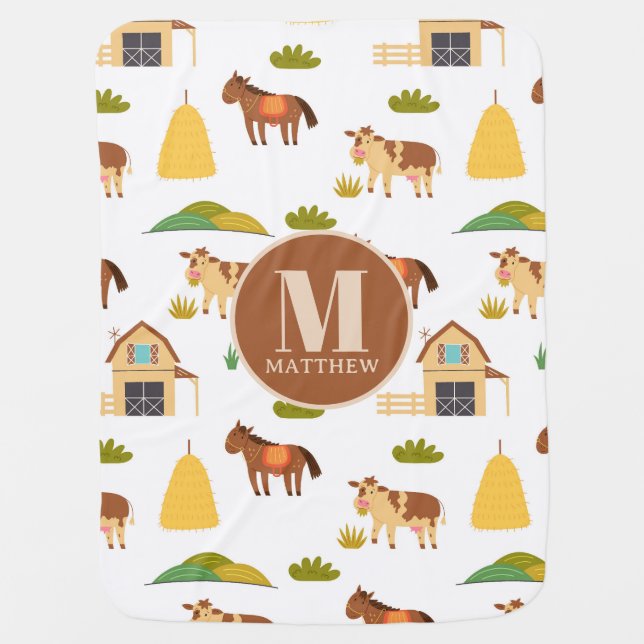 Cute Farm Animal Pattern Monogram Baby Blanket (Front)