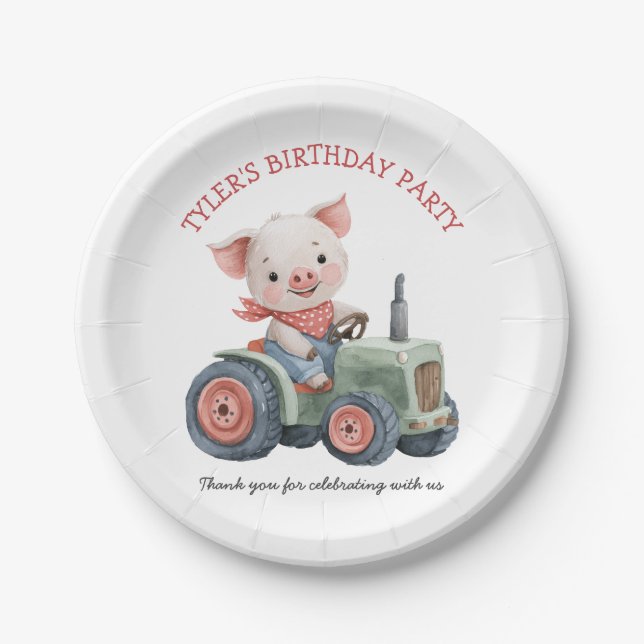 Cute Farm Animal Pig Tractor Birthday Party Paper Plates (Front)