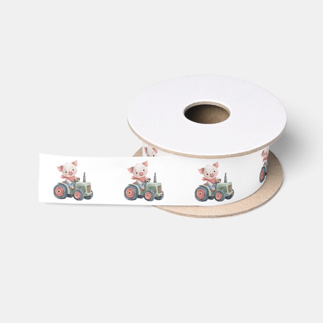 Cute Farm Animal Pig Tractor Birthday Party Satin Ribbon (Spool)
