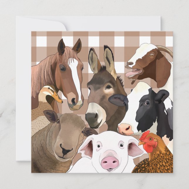 Cute Farm Animal Portrait Gingham Check - Brown (Front)