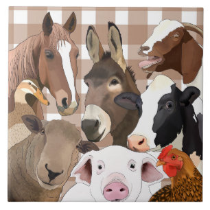 Cute Farm Animal Portrait Gingham Check - Brown Ceramic Tile