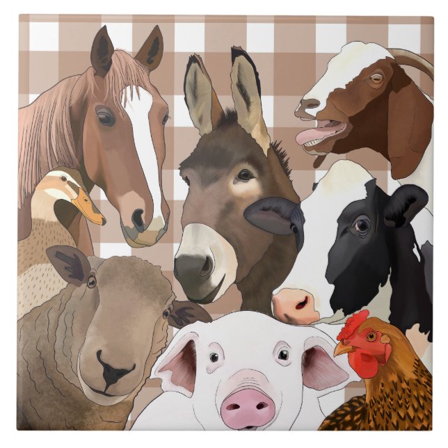 Cute Farm Animal Portrait Gingham Check - Brown Ceramic Tile (Front)