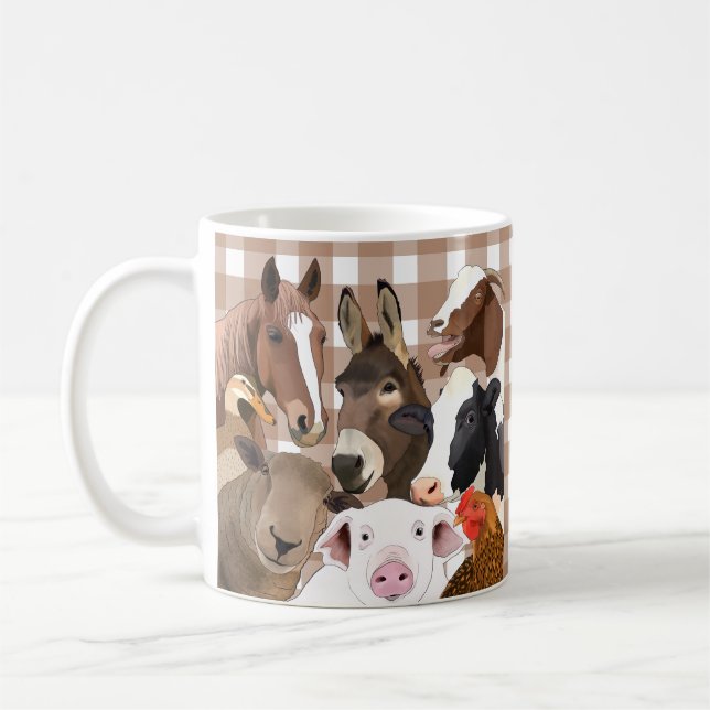 Cute Farm Animal Portrait Gingham Check - Brown Coffee Mug (Left)