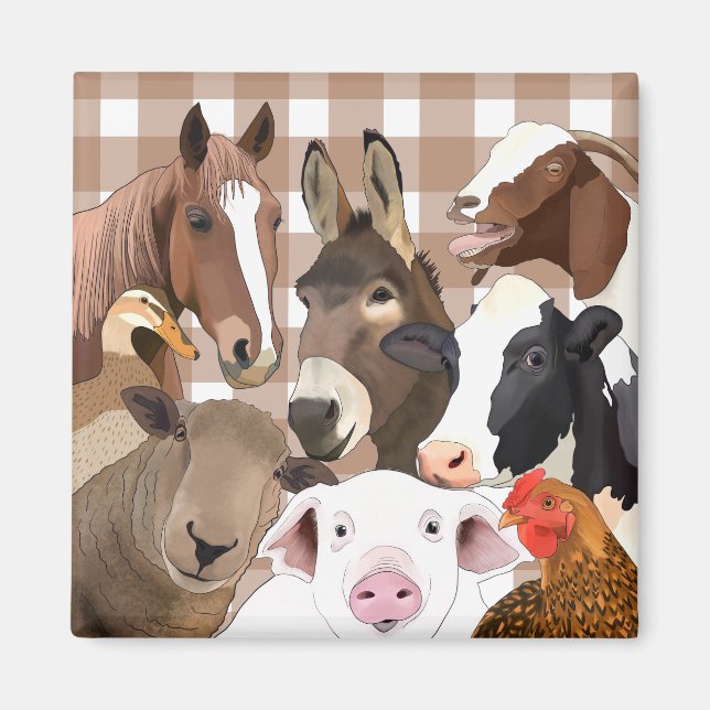 Cute Farm Animal Portrait Gingham Check - Brown Magnet (Front)