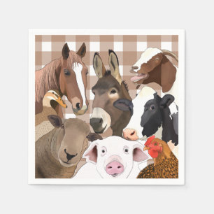 Cute Farm Animal Portrait Gingham Check - Brown Napkins