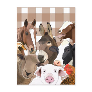 Cute Farm Animal Portrait Gingham Check - Brown Postcard