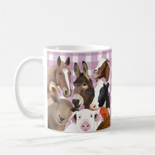 Cute Farm Animal Portrait Gingham Check - Purple Coffee Mug