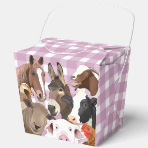 Cute Farm Animal Portrait Gingham Check - Purple Favor Boxes
