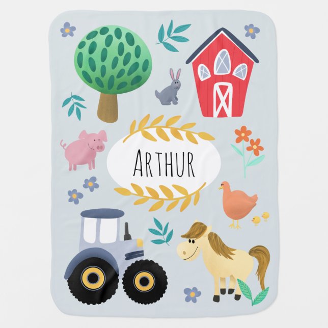 Cute Farm Animals and Blue Farm Tractor Baby Blanket (Front)