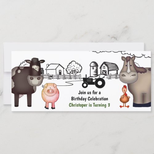 Cute Farm  Animals and Tractor Birthday Invitation