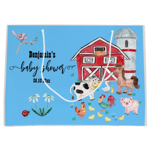 Cute Farm Animals Baby Shower Blue Large Gift Bag