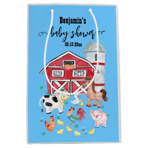 Cute Farm Animals Baby Shower Blue Medium Gift Bag