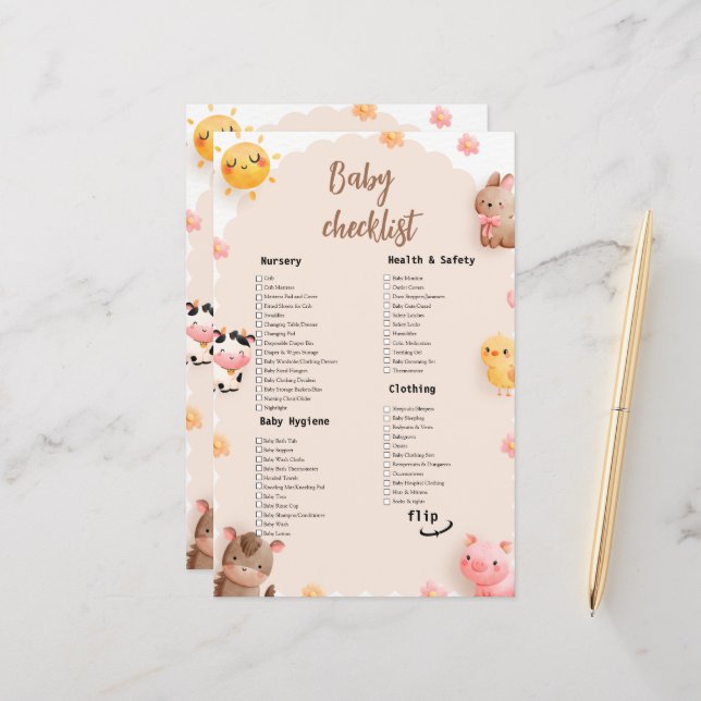 Cute Farm Animals Baby Shower Checklist (Front/Back In Situ)